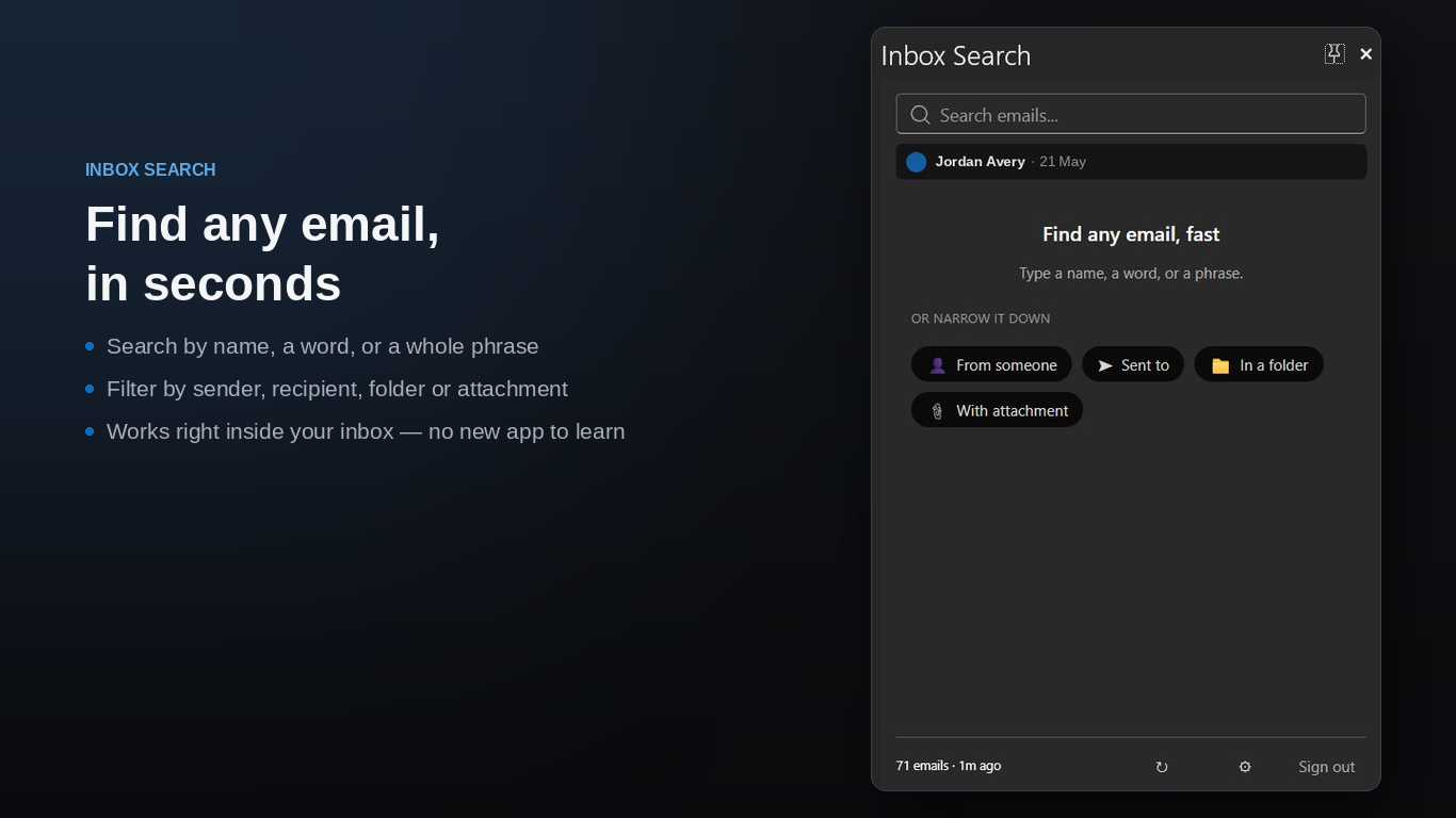 Inbox Search add-in showing the search interface with filter options for sender, recipient, folder, and attachments